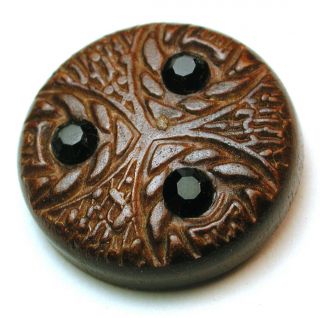 Bb Vintage Wood Button Pressed Triad Design W Black Glass Trim 1 "