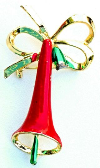 Vintage Red Enamel Bell Gold Tone Metal Brooch Pin.  Christmas Holiday