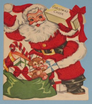 Vintage Christmas Greeting Card Santa Claus Die Cut Flocked Bag Toys Teddy Bear