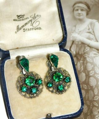 Vintage,  Art Deco Czech Green Paste Glass Filigree Clip On Earrings 1940 