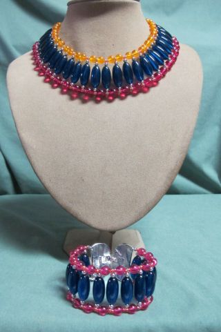 Vintage Monet Multi Color Acrylic Bead Necklace W/ Bracelet Set