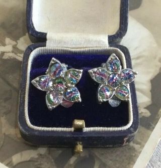Vintage Jewellery Silver Tone Rainbow Iris Crystal Flower Clip On Earrings