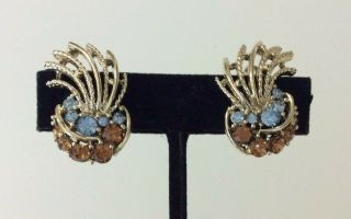 Vintage Signed Lisner Clip On Earrings Gold Tone With Blue Brown Stones