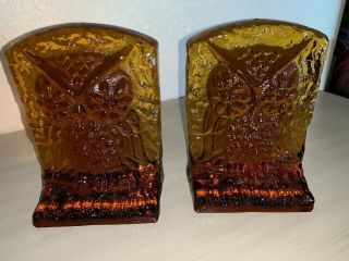 Vintage Glass Owl Bookends Amber Mid - Century 7” Tall Pair
