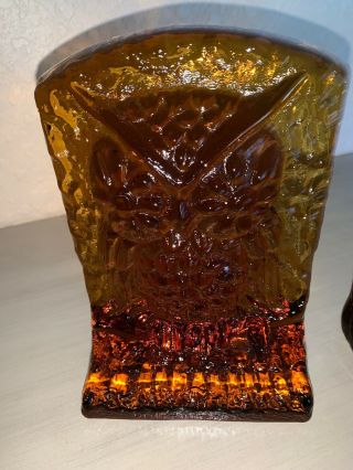 Vintage Glass Owl Bookends Amber Mid - Century 7” Tall Pair 2
