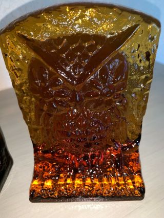 Vintage Glass Owl Bookends Amber Mid - Century 7” Tall Pair 3