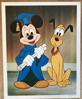 Vintage Walt Disney 8 X 10 Mickey Mouse W/diploma & Pluto Promo Print Litho Vf,