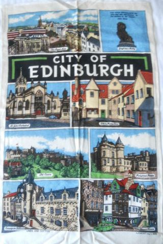Vintage 1960s Linen Cotton Tea Towel City Of Edinburgh Places Of Interest