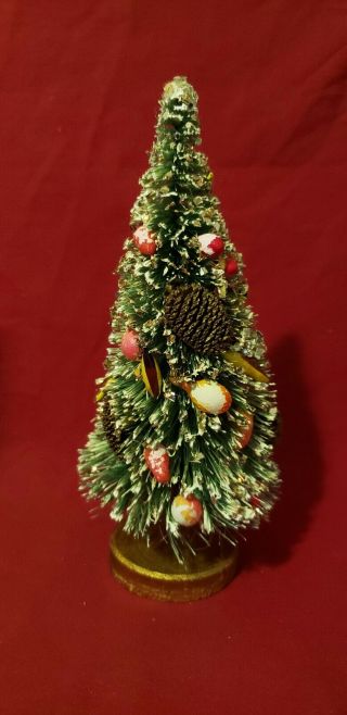Vintage Christmas Flocked Bottle Brush Tree W/ Fruit And Pinecones 7 " Japan