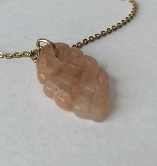 Chinese Vintage Rose Quartz Carved Pendant And Gold Tone Chain Necklace 24 "
