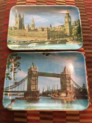 2 Vintage Great Britain Souvenir Trays Tower Of London & Buckingham Palace