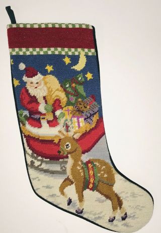 Vintage Needlepoint Christmas Stocking Santa Clause Reindeer Navy Velvet Back