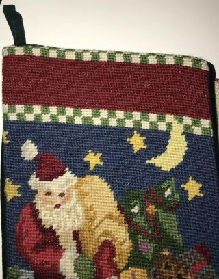 Vintage Needlepoint Christmas Stocking Santa Clause Reindeer Navy Velvet Back 3