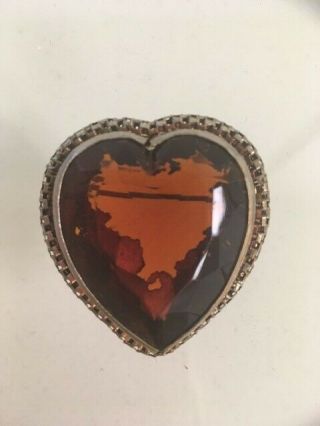 Vintage Large Heart Shaped Amber/topaz Glass Stone Brooch