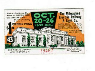 Milwaukee Railway Transit Ticket Pass October 20 - 26 1935 Public Library
