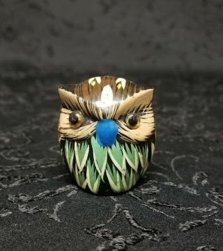 Vintage Hand Painted Ceramic Owl Figurine - Glass Eyes