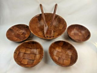 Vintage Woven Wooden Salad Soup Bowls Brown Wood Parquet With Utensils
