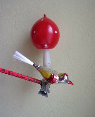 Vintage Clip On Blown Glass Song Bird With Mushroom Christmas Tree Ornament