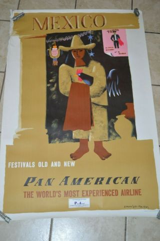 Vintage Pan American Am Airlines Travel Mexico Poster 1950 