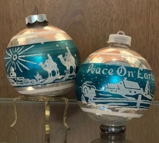 Vintage 2 Mercury Glass Stencil Nativity Peace On Earth Christmas Tree Ornaments