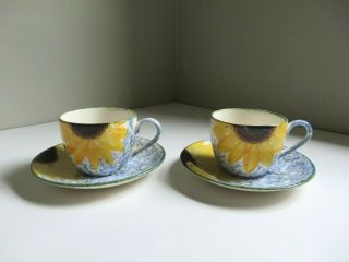Vtg Poole Pottery Vincent Sunflower Demitasse Cup & Saucer Pair Hand Painted