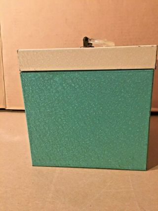 Vintage 1960s Metal 45 rpm Record Carrying Storage Case Greenish Blue/Off White 2