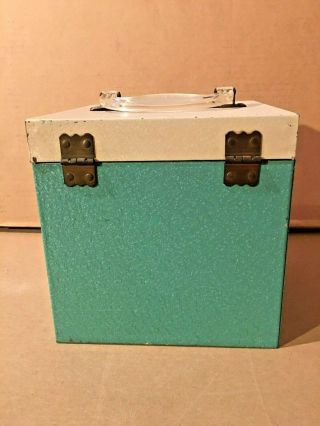 Vintage 1960s Metal 45 rpm Record Carrying Storage Case Greenish Blue/Off White 3