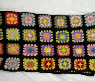 Vintage Granny Square Afghan Throw Hand Crocheted Black W/ Jewel Toned 58 " X 34 "