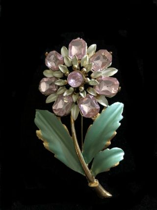 Vintage Gold Tone Enamel Pink Rhinestones Daisy Flower Brooch Broach Pin