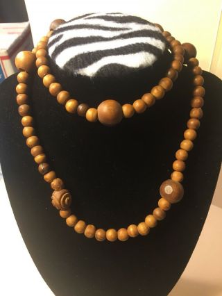 Vintage 26 " Hand - Made Carved Wood Bead Necklace