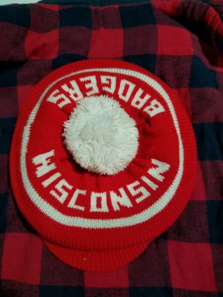 Vintage University Of Wisconsin Badgers Knit Pom Visor Cap Vtg Beanie Hat