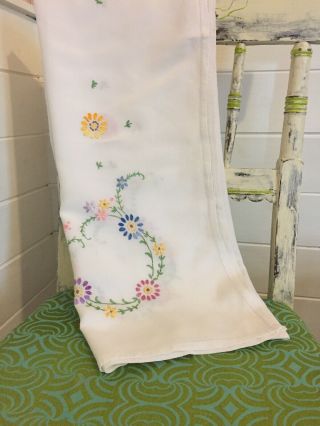 Vintage Tablecloth White Cotton Colourful Embroidered Flowers Vgc 40”