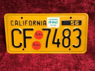 1956 California License Plate Black Yellow W/ 1962 Sticker Tag