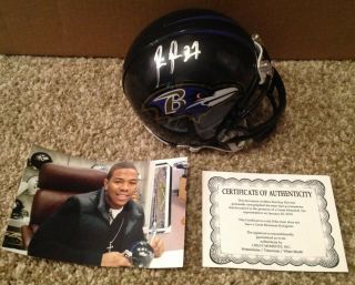 Baltimore Ravens Auto Signed Riddell Mini Helmet Ray Rice W/,  Picture,  Case