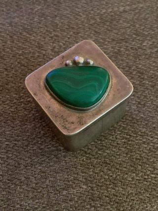 Vintage Sterling Silver Pill Trinket Box With Green Malachite,  37.  9g
