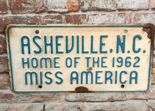 1962 Asheville N.  C.  Home Of The Miss America License Plate Blue White Vintage
