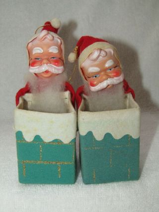 2 Vintage Santa Claus Red Green Felt Chimney Glitter Christmas Ornament Japan