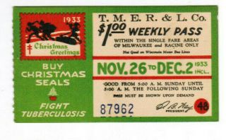 Milwaukee Railway Transit Ticket Pass Nov 26 - Dec 2 1933 Christmas Seals