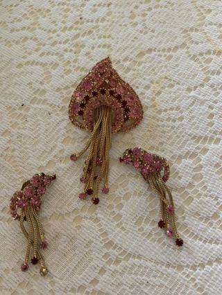 Lovely Vintage “jelly Fish” Brooch & Earrings Pinks And Reds
