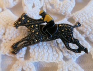 Vintage Jockey On Horse,  Enamel,  Marcasite,  Sterling Silver Brooch Pin Signed