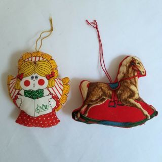 Vintage Cut & Sew Fabric Stuffed Christmas Ornaments Rocking Horse Choir Angel