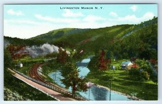 Vintage Linen Postcard Greetings From Livingston Manor York Ny Train River