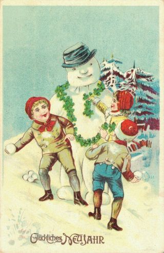 Happy Year Vintage Postcard Snowman With Kids 03.  33