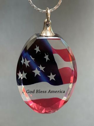 Vintage God Bless America Usa Pride Crystal Oval Pendant Necklace Silver Chain