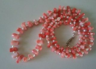 Vintage Branch Stem Coral & Freshwater Seed Pearl Necklace 25 " Long 29g