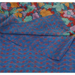 Sanskriti Vintage Blue Saree Pure Crepe Silk Printed Decor Fabric 5yd Craft Sari