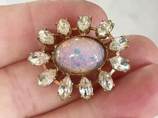 Old Vintage Art Deco Jewellery Foil Back Opal Cabochon & Crystal Gold Brooch Pin