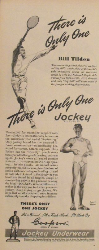 1946 Bill Tilden Tennis Star Memorabilia Jockey Underwear Sports Promo Print Ad