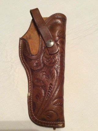 Vintage Leather Tooled Brown Gun Holster Attaches To Belt Snap Closure