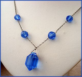 Art Deco Necklace Blue Glass Unusual Facets Crystal Drop Vintage With Extender